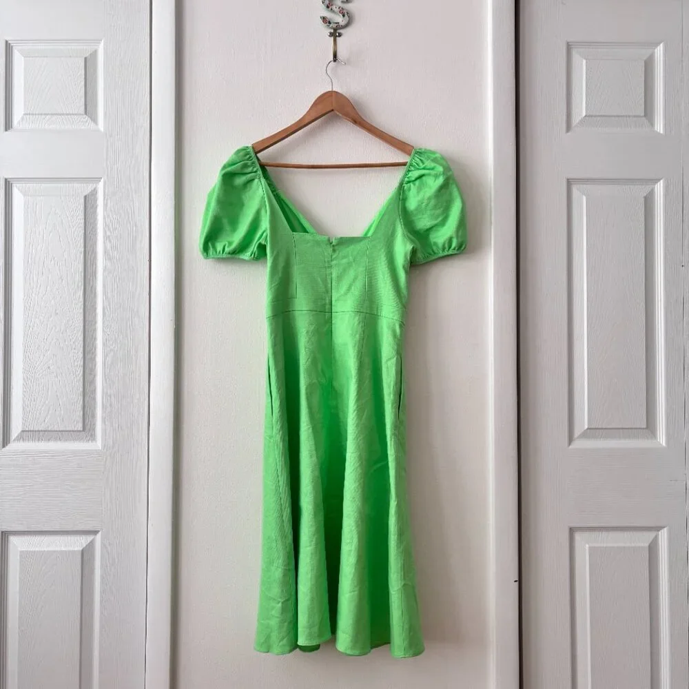 J. Crew Puff Sleeve V-Neck Midi Dress in Stretch Linen Blend